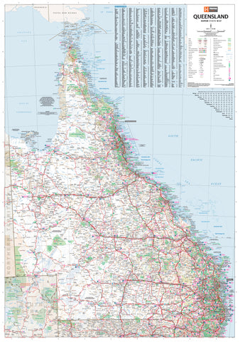 Laminated wall map of Queensland state showing towns, cities, and major roads, with a scale of 1:2,500,000.