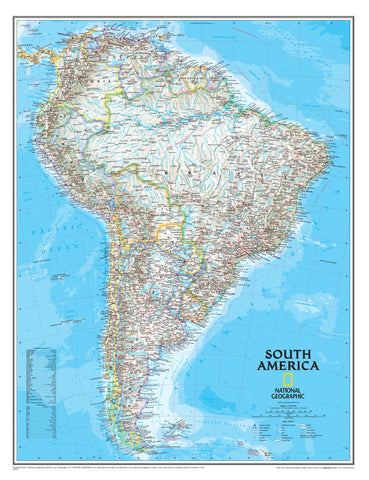 A colorful wall map of South America by National Geographic, featuring detailed relief and boundaries.