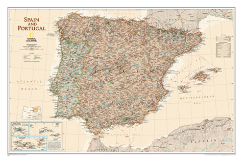 Spain & Portugal Executive Antique Style National Geographic  838 x 559mm Wall Map