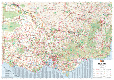 Laminated wall map of Victoria state showing towns, cities, and roads, with a scale of 1:605,000 on 1430 mm wide by 1000 mm high paper.