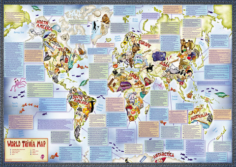 A colorful world map with various country outlines and trivia facts displayed across the map.
