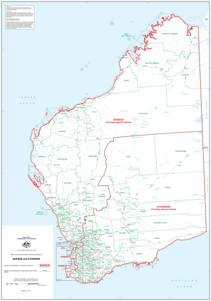 Western Australia Electoral Divisions and Local Government Areas Map - Durack, O'Connor