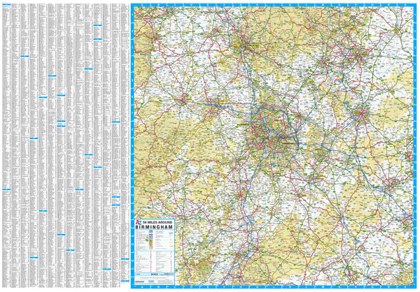50 Miles around Birmingham 1228 x 871mm Wall Map