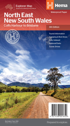 The image shows the cover of the North East New South Wales Hema Map, featuring a scenic view of the region with a tree in the foreground, and text detailing the map's content and scale.