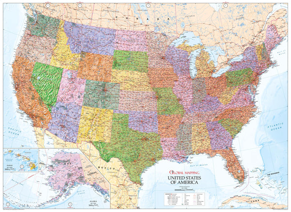USA Political Wall Map with Relief 1260 x 920mm