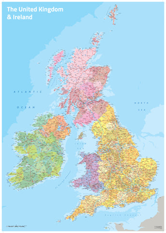 A color-coded political wall map of the United Kingdom and Ireland by Oxford Cartographers.