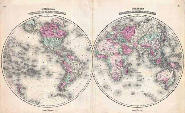 Johnson Map of the World on Hemisphere Projection (1862) Print