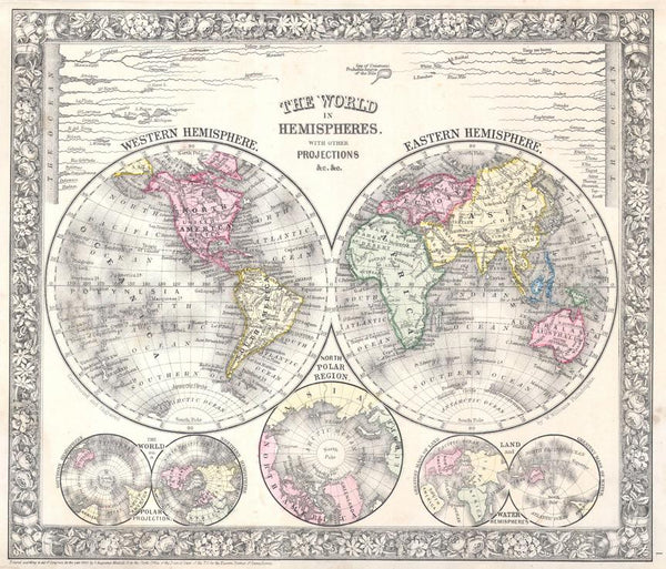 Mitchell Map of the World on Hemisphere Projection (1864) Print