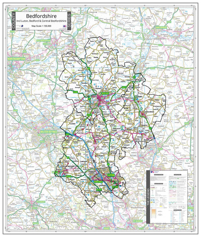 County Map of Bedfordshire 680 x 800 mm