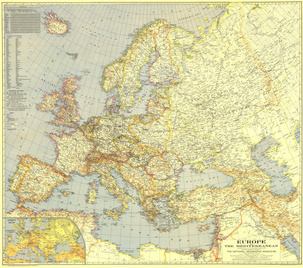 Europe and the Mediterranean Wall Map - Published 1938 by National Geographic