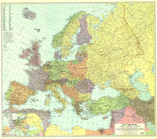 Europe and the Near East Wall Map - Published 1929 by National Geographic