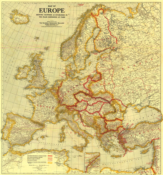 Wall Map of Europe Showing the Countries Established by the Peace Conference of Paris - Published 1921 by National Geographic