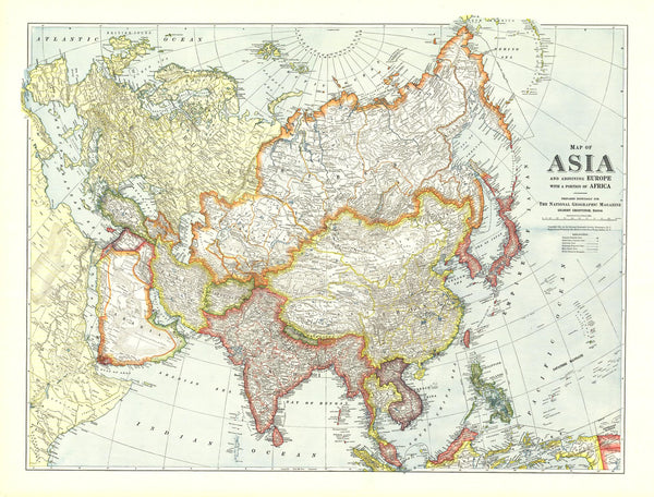 Map of Asia with Europe and a portion of Africa - Published 1921 by National Geographic