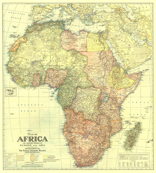 Africa Map with portions of Europe and Asia - Published 1922 by National Geographic
