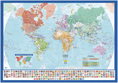Political World Wall Map with Flags in French & English  1016 x 711mm