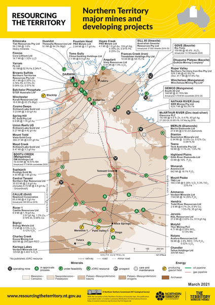 Northern Territory Major Mines and Developing Projects 2021 Wall Map