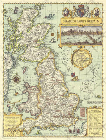 Shakespeare's Britain Wall Map 1964 by National Geographic