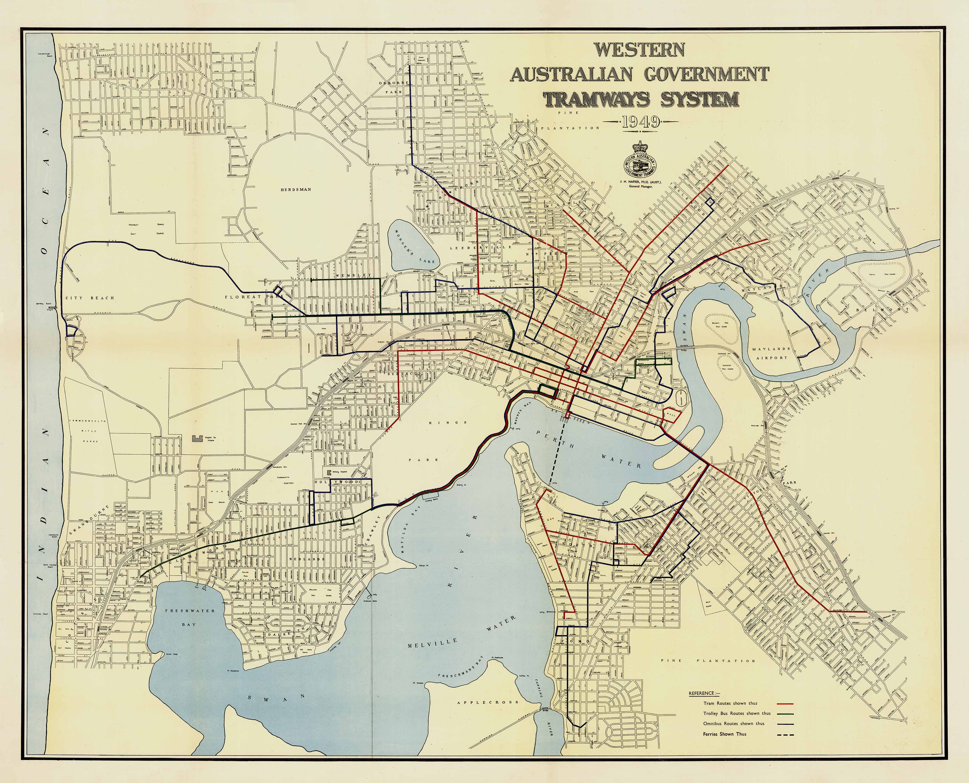 Buy Perth Tramways Wall Map, Buy historic map of Perth - Mapworld