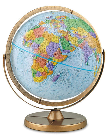 A detailed political globe with visible mountain ranges and country boundaries, mounted on a brass-colored stand.