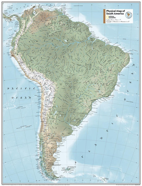 South America Physical Atlas of the World, 11th Edition, National Geographic Wall Map