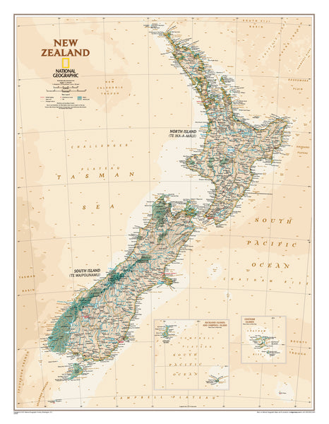 New Zealand Executive Antique Style National Geographic 597 x 768mm Wall Map