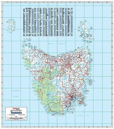 Tasmania Postcode Laminated Wall Map 788 x 935mm