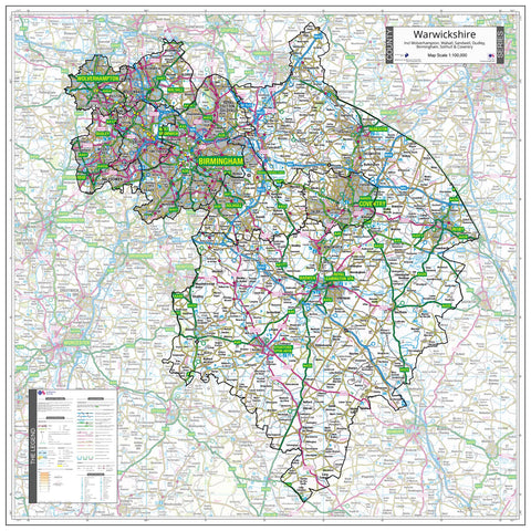 County Map of Warwickshire incl West Midlands 900 x 900mm