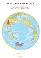 World Topographic Hexagons centred on 165° West Wall Map 594 x 841mm