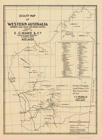 Western Australia Goldfields & Mining Centres Wall Map 1934