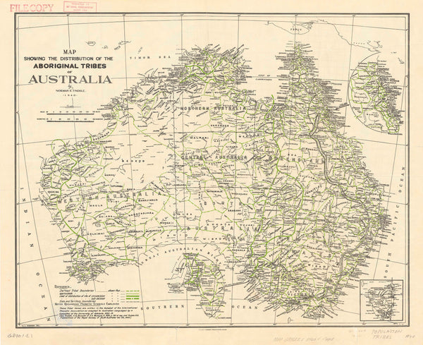 Aboriginal Tribes of Australia Wall Map by Tindale published 1940