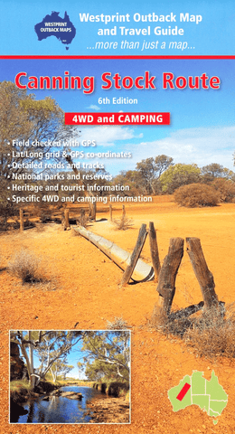 Cover of the Canning Stock Route map by Westprint, featuring an image of an outback landscape with a river and trees, and information about the map's content.