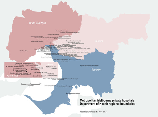 Melbourne Private Hospitals Map 1000 x 743mm Wall Map