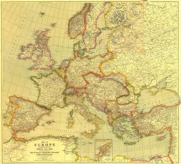 Europe Map with Africa and Asia - Published 1915 by National Geographic