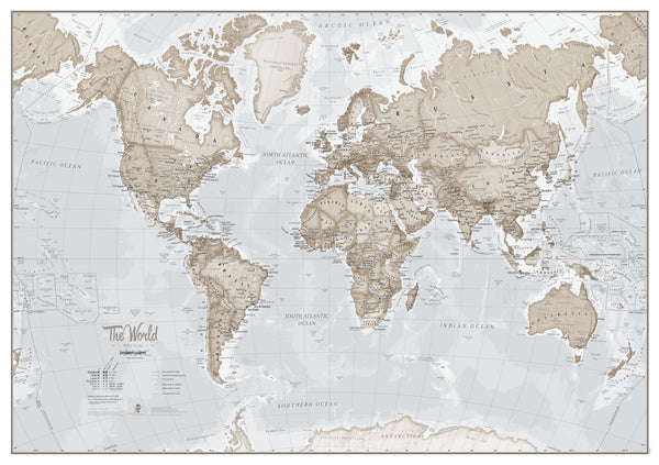 Neutral World Map as Art 841 x 594mm Laminated Wall Map