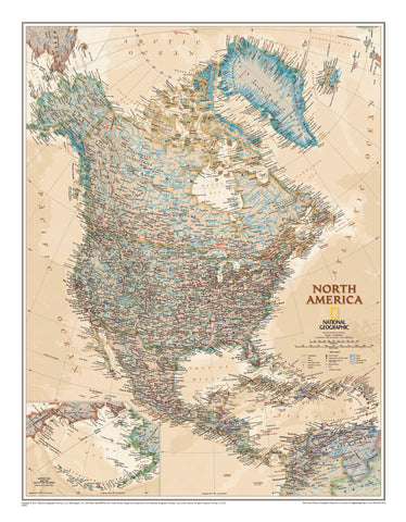 North America Executive Antique Style National Geographic 770 x 600mm Wall Map