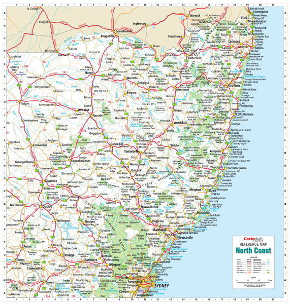 North Coast NSW 1000 x 1050mm Laminated Wall Map with Hang Rails