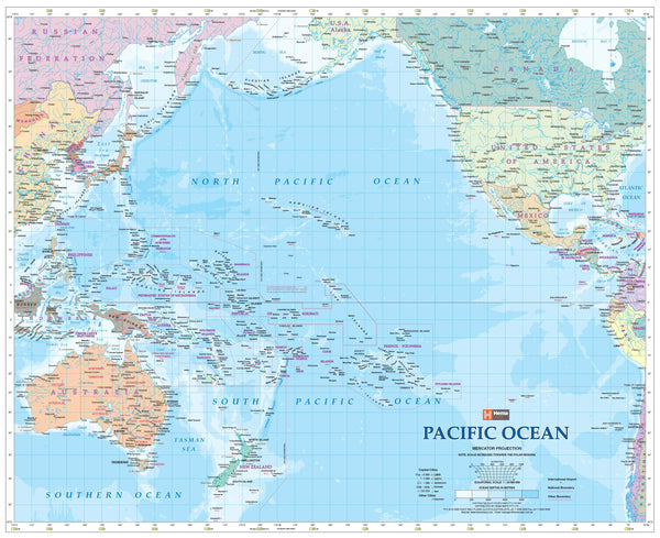 Pacific Ocean Hema 860 X 700mm Laminated Wall Map with Hang Rails