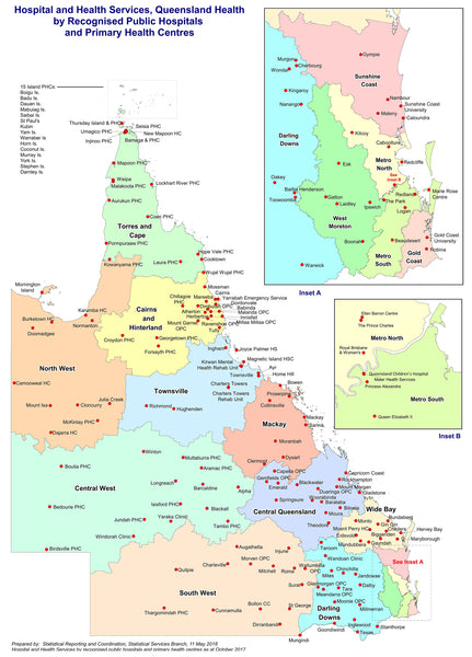 Queensland Hospitals & Health Centres 720 x 1000mm Wall Map