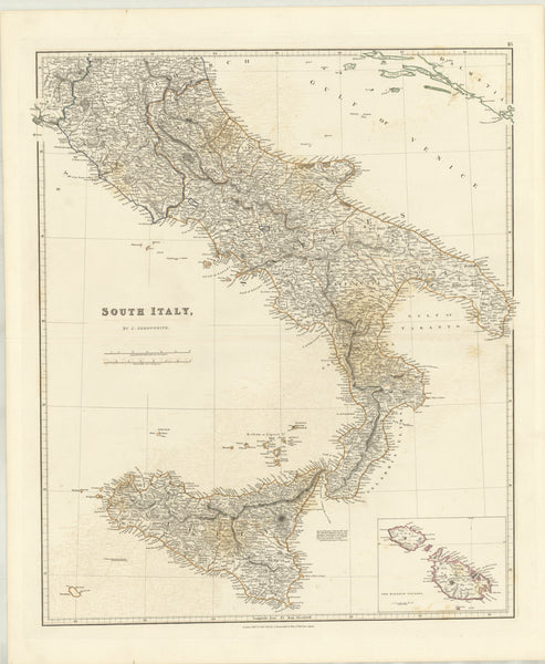 Southern Italy Wall Map 1834 - J. Arrowsmith