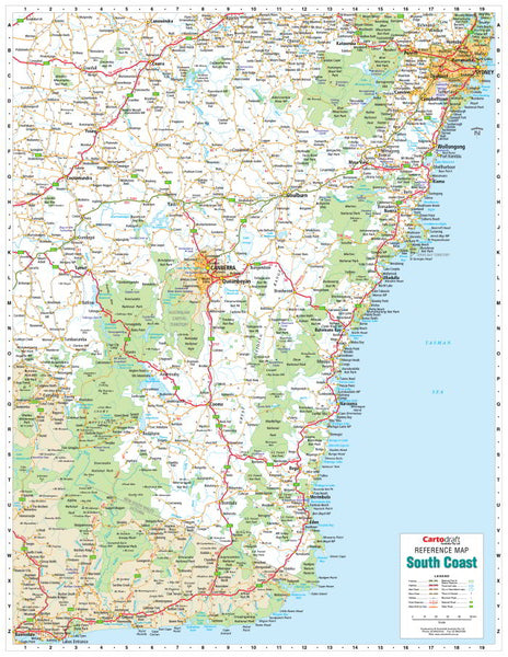 South Coast NSW 900 x 1165mm Laminated Wall Map with Hang Rails