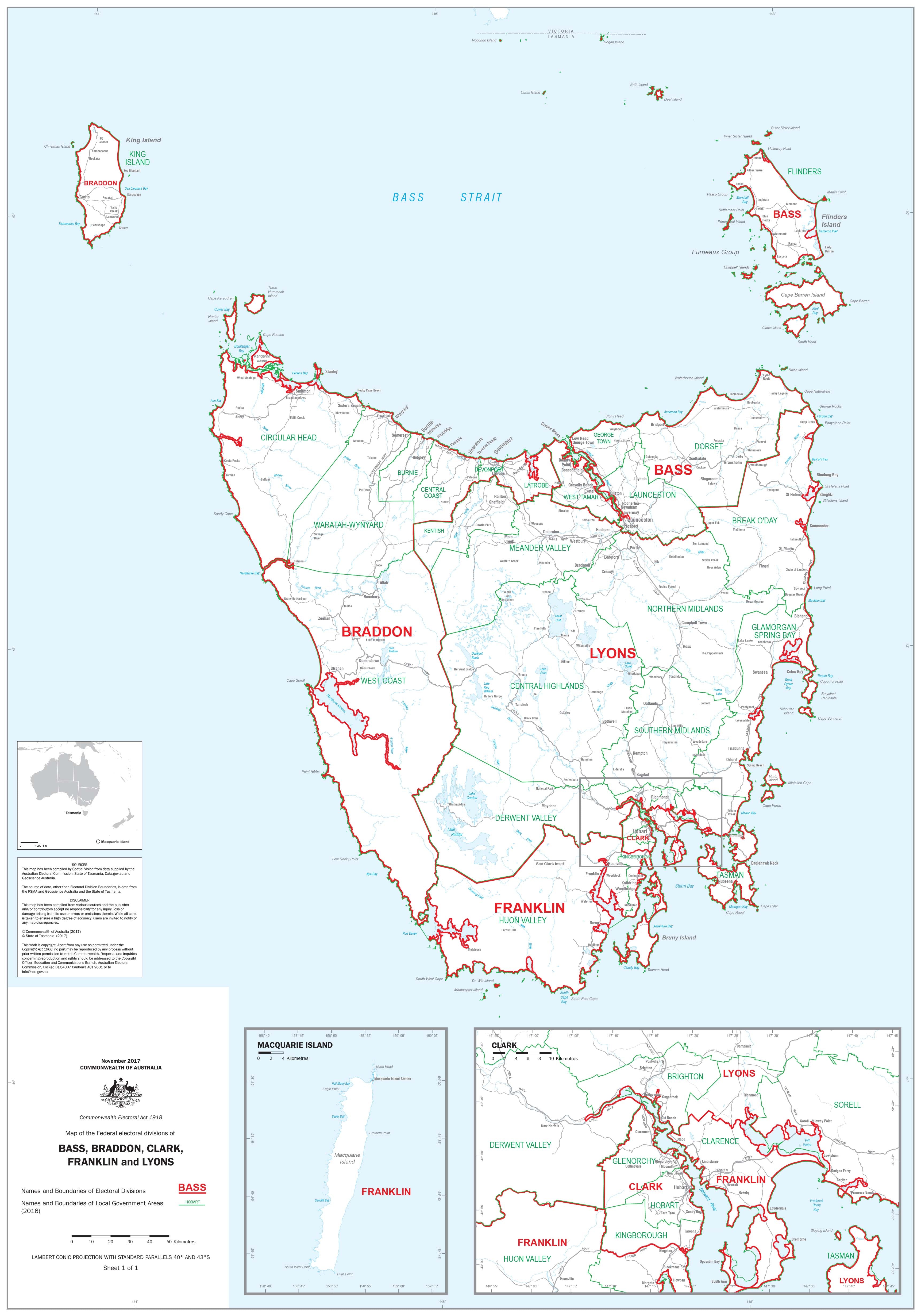 Tasmania Electoral Divisions and Local Government Areas Map