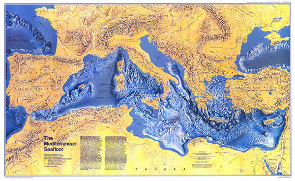 Mediterranean Seafloor Wall Map - Published 1982 by National Geographic