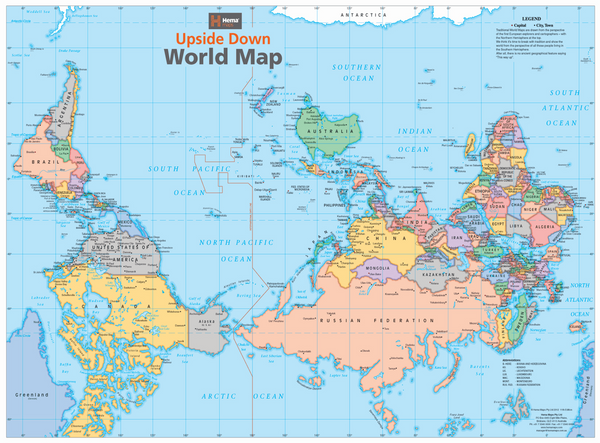 Upside Down World Map 840 x 594mm Canvas Wall Map