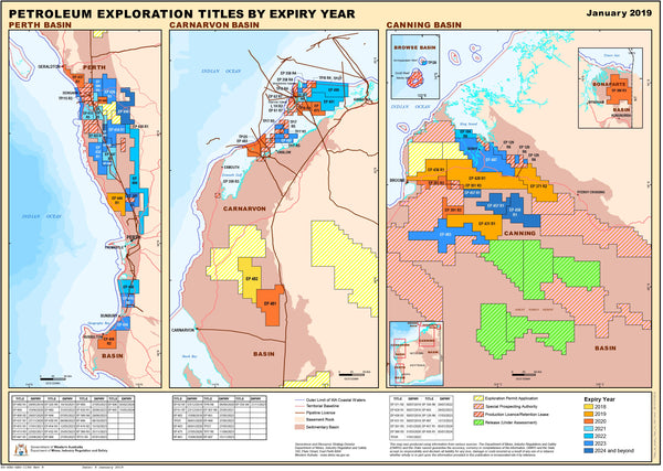 WA Petroleum Exploration Titles by Expiry Year 1300 x 900mm Wall Map