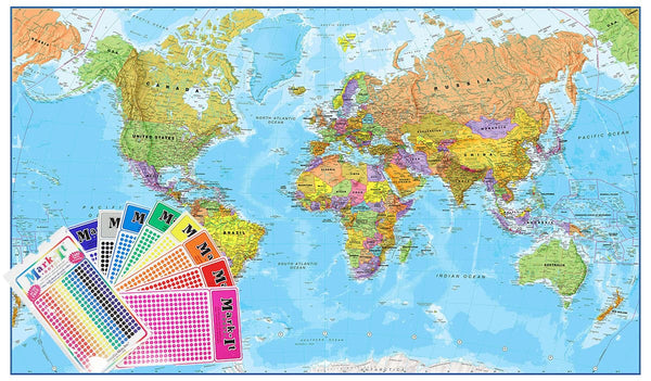 World 1:20 million Supermap 2000 x 1200mm Laminated Wall Map with Map Dots