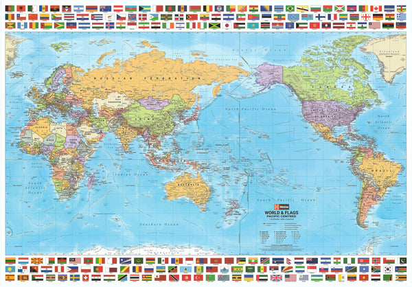 World & Flags Hema (Pacific) 1010 x 720mm Laminated Wall Map with Hang Rails