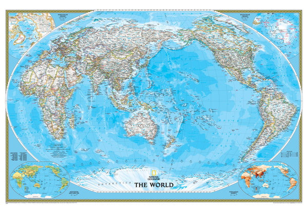 World Political National Geographic 1540 x 1020mm (Pacific Centred) Large Laminated Wall Map with Hang Rails