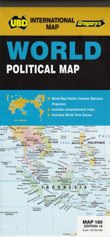 A folded world political map by UBD, featuring a color-coded world map with UBD branding and a key that includes time zones.